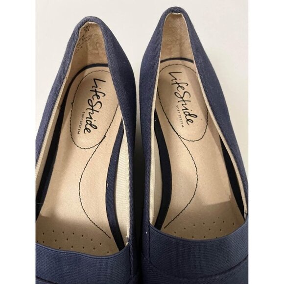 Life Stride sola wedge open toe fabric upper shoes navy blue size 7 - Picture 5 of 8